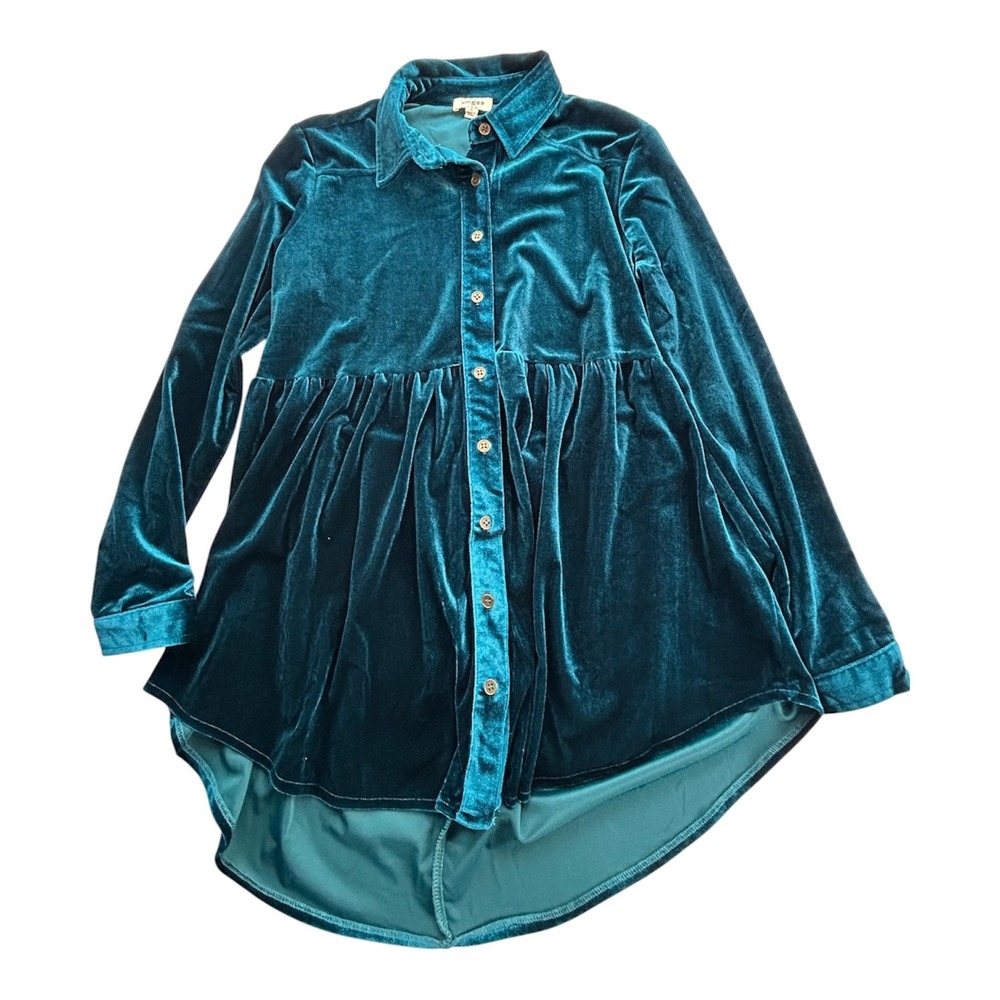 Umgee Velvet Babydoll Tunic Women S Teal Blue Long Sleeve Button Front A6736